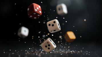 Colorful dice are thrown into the air, creating a sense of motion and excitement in a game night setting photo