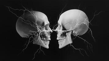 Two human skulls facing each other with electric arcs connecting them against a black background in a dramatic, artistic composition photo