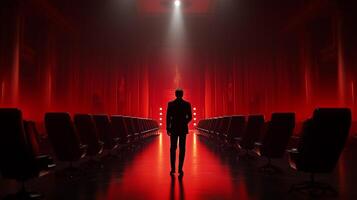 A solitary figure in a dark suit stands in a dimly lit room filled with empty chairs, addressing an unseen audience during a dramatic moment photo
