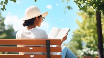 A woman in a white hat enjoys reading a book on a sunny day in a serene park setting surrounded by greenery photo