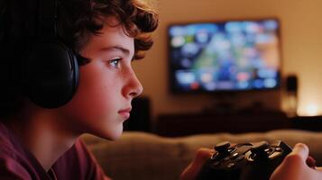 A young boy focused on gaming while seated on a couch with a game console in the evening photo
