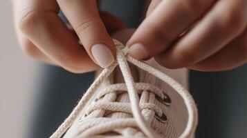 A close-up view of a person tying shoelaces on a sneaker in a cozy indoor setting during the day photo