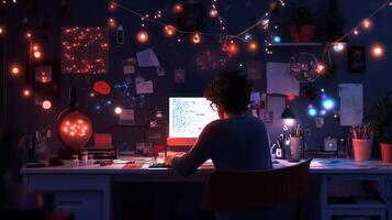 A person working intently at a computer desk surrounded by twinkling lights and creative decorations in a cozy evening setting photo