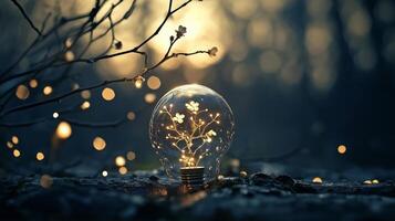 A serene glass globe holds delicate flowers illuminated by gentle lights in a tranquil forest setting at dusk photo