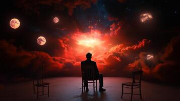 A person sitting in solitude on a chair, reflecting amidst a surreal cosmic scene with vibrant colors and multiple moons photo