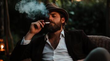 A man enjoying a cigar while sitting outdoors in a cozy, relaxed setting amid greenery during the evening photo