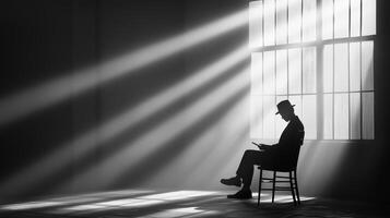 A solitary figure reading in a sunlit room with dramatic light rays during the early morning hours photo