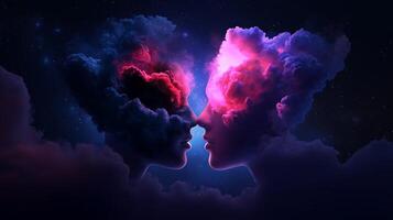 Cloud figures in a cosmic embrace under a starlit sky at night, showcasing a blend of colors and forms in a surreal atmosphere photo