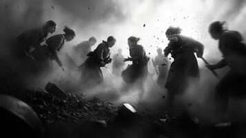 Historical battle scene depicting soldiers engaged in intense combat amidst smoke and chaos during the war photo