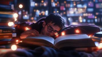 A young man dreaming with glasses while reading a book surrounded by twinkling lights in a cozy library setting photo
