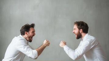 Two men expressing strong emotions while facing each other in a neutral setting during the day photo