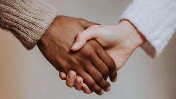 Two hands united in a warm embrace showcasing friendship and support against a soft, neutral background photo