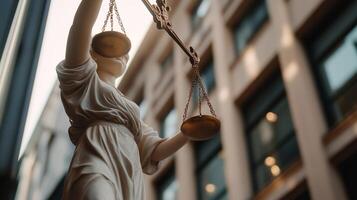 A close-up view of the Lady Justice statue holding scales outside a modern building on a sunny day photo