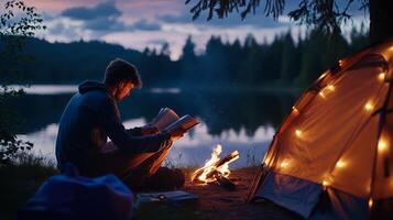 A person enjoying a book by the campfire near a serene lake during sunset with glowing tent lights creating a cozy atmosphere photo
