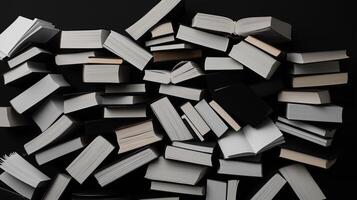 Stacks of various open and closed books scattered dramatically on a black surface highlighting the joy of reading and learning photo