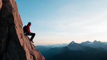 A climber takes a moment to rest on a rocky ledge while enjoying panoramic views of mountains and valleys at sunset photo