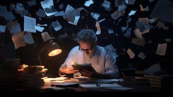 A focused scholar examines documents while papers swirl dramatically around in a dimly lit study filled with books photo