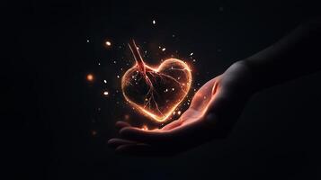 A glowing heart of light held in a hand, symbolizing love and passion in a dark, mystical setting photo