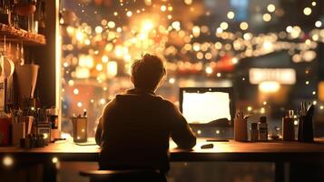 A person works at a desk, illuminated by a computer screen, while colorful lights twinkle through the window at night photo