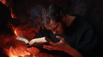 A man studying an ancient book while surrounded by flickering flames in a dark cave during twilight hours photo