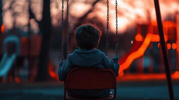 A child swings alone at sunset while illuminated playground structures create a warm, inviting atmosphere photo