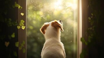A dog gazing out a window, enjoying the serene nature view illuminated by soft sunlight during a tranquil morning photo