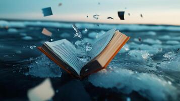 An open book floats on calm waters, surrounded by ice chunks as pages flutter in the gentle breeze during twilight hours photo