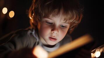 Young child engaged in reading with warm lights in a cozy atmosphere during evening hours at home photo