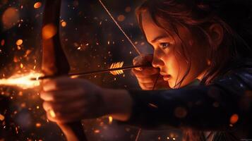 A focused archer aims her bow amidst a glowing backdrop of sparks and embers in a tranquil night setting photo