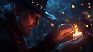 A mysterious figure lighting a candle in a dimly lit room filled with soft smoke and an eerie atmosphere at night photo