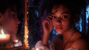A young woman gazes thoughtfully at her reflection in a mirror surrounded by candles in a moody, dimly lit setting photo