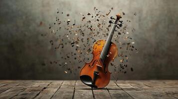 A violin surrounded by floating musical notes in a textured indoor setting, conveying the essence of music and creativity photo