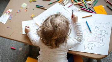 A child engages in creative drawing with crayons and markers at a cluttered art table filled with colorful supplies in a cozy indoor space photo
