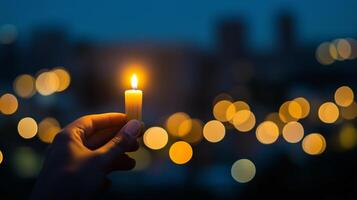 A hand holds a glowing candle against a backdrop of soft bokeh lights during an evening gathering photo