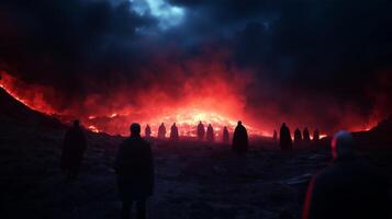 Dark silhouettes of figures walk towards a fiery glow on a volcanic landscape under a turbulent sky at dusk photo