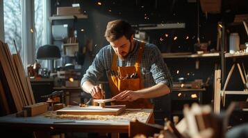 Craftsman working diligently in a woodworking shop surrounded by tools and wood shavings in the warm afternoon light photo