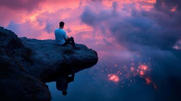 A person sitting on a rocky ledge at sunset, reflecting on calm waters surrounded by vibrant clouds and distant lights photo
