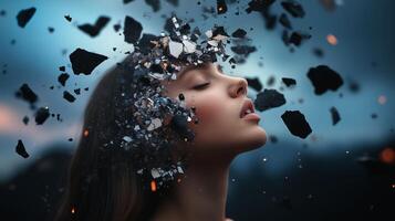 A woman with a serene expression appears to have her head surrounded by swirling fragments against a moody twilight background photo