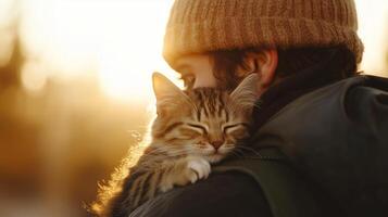 A person enjoying a warm sunset while holding a cat close on a cool evening in a peaceful outdoor setting photo