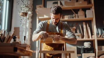 Craftsman carefully shaping wood in a bright workshop filled with tools and materials during daytime hours photo