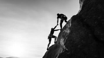 Two climbers ascending a rocky cliff during sunset, showcasing teamwork and determination in a dramatic black and white landscape photo