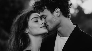 A couple sharing a tender kiss during sunset in a serene outdoor setting, capturing a moment of joy and connection photo