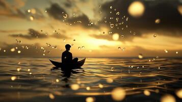 A person peacefully sits in a small boat on calm waters during sunset, surrounded by warm colors and sparkling water droplets photo