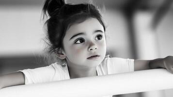 A young child gazes thoughtfully while playing on a gym apparatus during a bright afternoon in a recreational center photo