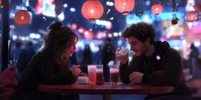 A couple enjoys drinks and dessert while surrounded by glowing lanterns under a vibrant city night sky photo