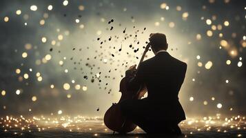 Musician performing on stage with cello as vibrant lights and particles create an enchanting atmosphere at a nighttime concert photo