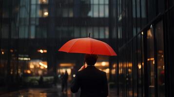 A man with a red umbrella walks in the rain near modern buildings at dusk in a bustling urban environment photo