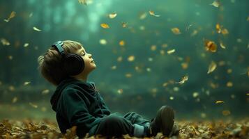 Young child enjoys falling leaves while listening to music in a serene forest during autumn photo
