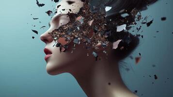 A surreal portrait of a woman with a fragmented face in an artistic exploration of identity and perception photo