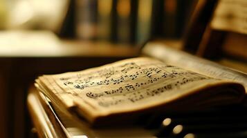Sheet music resting on a piano in a warm-lit room during evening hours, embodying the charm of musical creativity and artistry photo